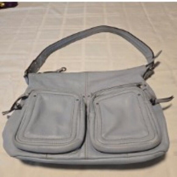 Tignanello Light Blue-Gray Genuine Leather Handbag Outer Zippered Pouch Pockets - Picture 1 of 16